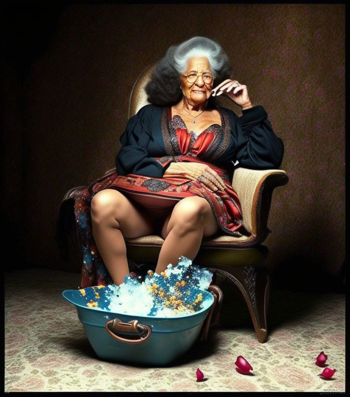 Elderly woman with gray hair in ornate chair with bubble-filled basin and rose petals