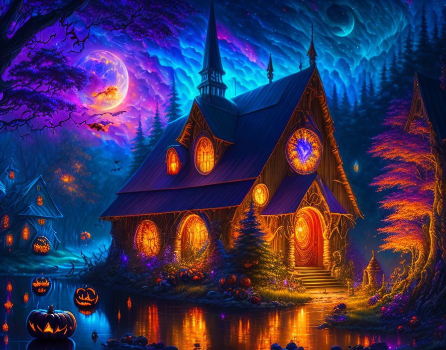 Fantasy Halloween night scene with jack-o'-lanterns, chapel, autumn trees, purple sky