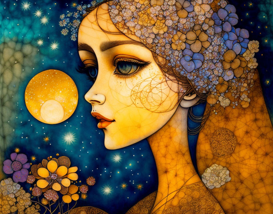 Illustration of woman with floral patterns under starry sky & moon-like orb