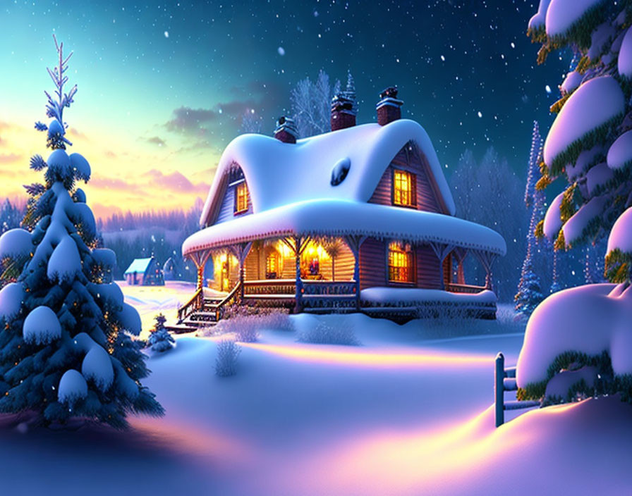 Snow-covered cottage in serene winter landscape