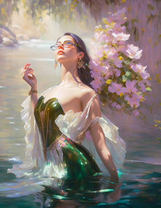 Woman in Elegant Green Dress Contemplating in Floral Waterscape