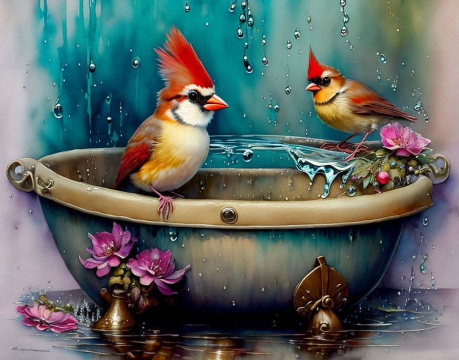 Vibrant Cardinals on Old-Fashioned Bathtub with Overflowing Water