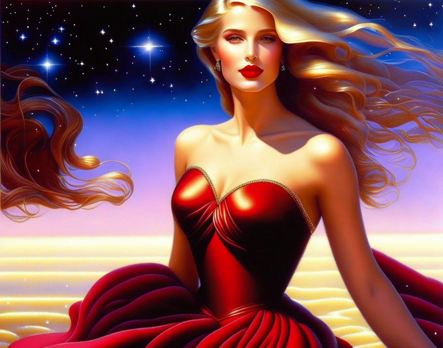 Blonde woman in red gown under starlit sky