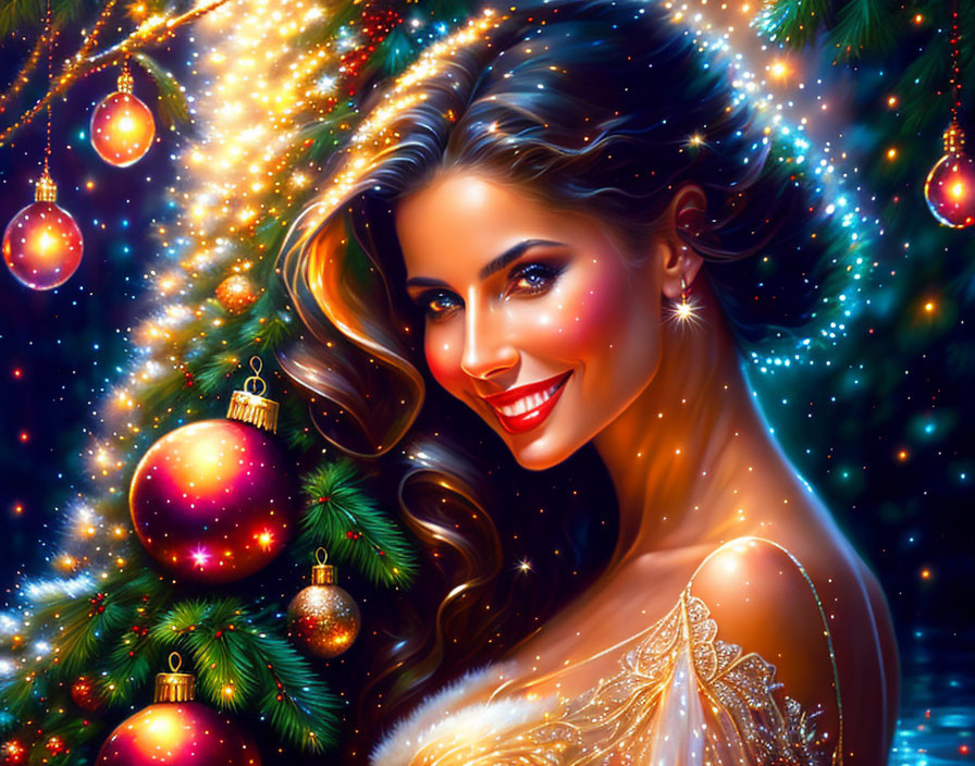 Smiling woman in golden festive attire by Christmas tree