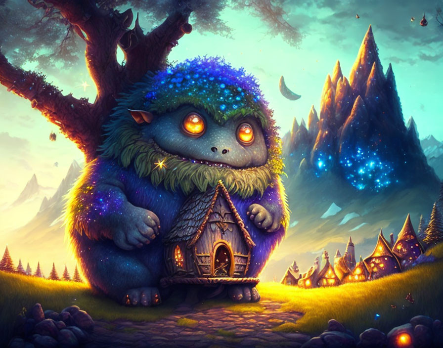 Colorful creature with house in magical starry landscape