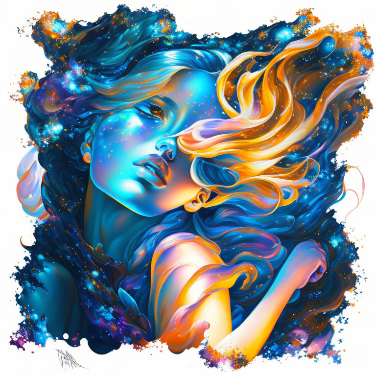 Vibrant digital art: woman with blue skin and orange hair in cosmic nebula