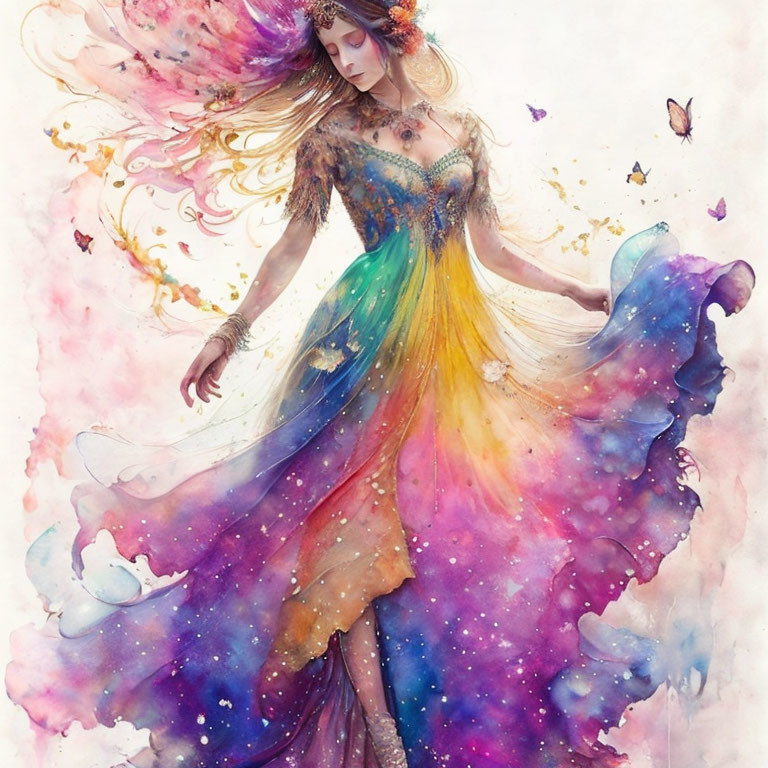 Colorful illustration of a woman in cosmic dress with butterflies and flowers.