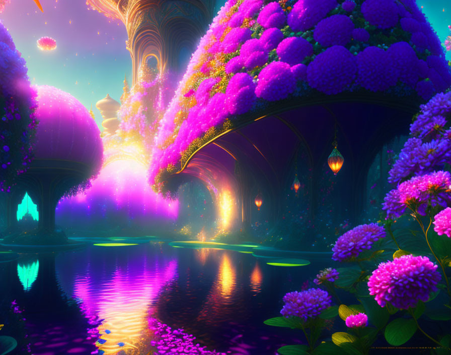 Colorful Fantasy Landscape with Glowing Flora and Whimsical Architecture