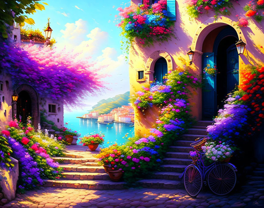 Colorful Coastal Scene with Flowers, Arched Entryway, Bicycle, and Serene Sea View