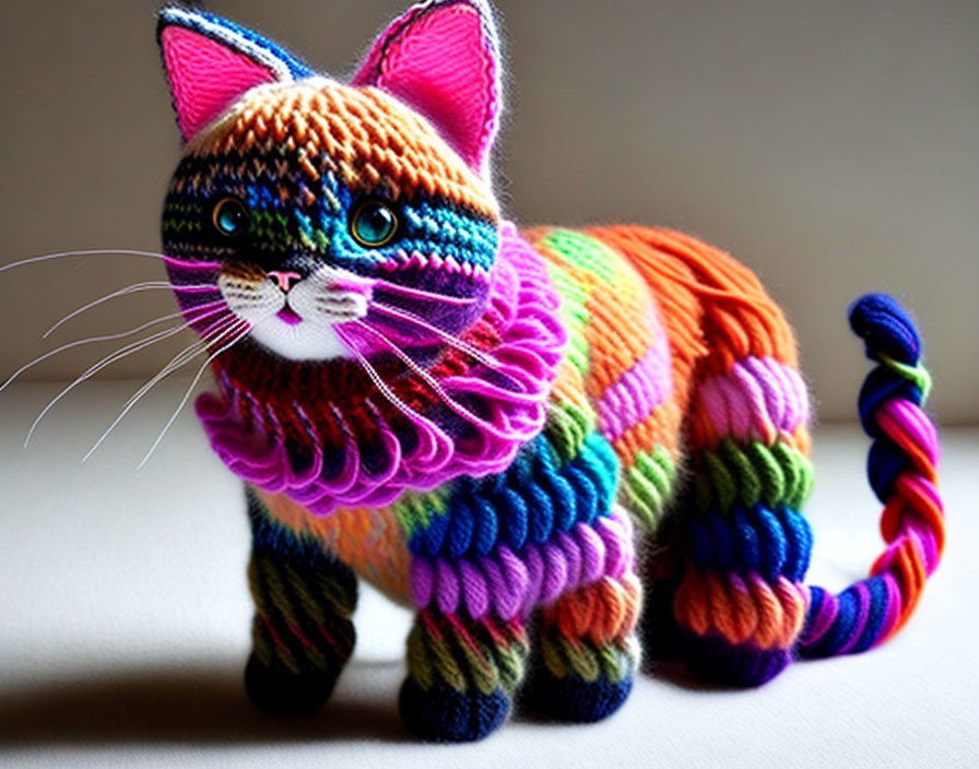 Colorful Knitted Cat Toy with Vibrant Stripes and Blue Eyes