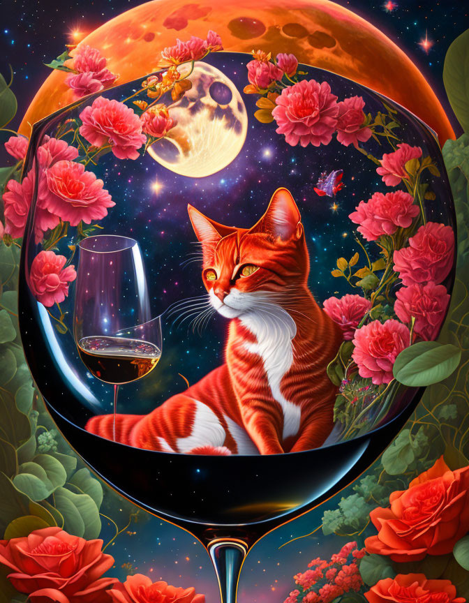 Orange Cat in Wine Glass with Cosmic Imagery