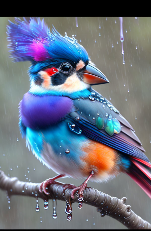 Colorful Bird Perched on Branch with Rain Background