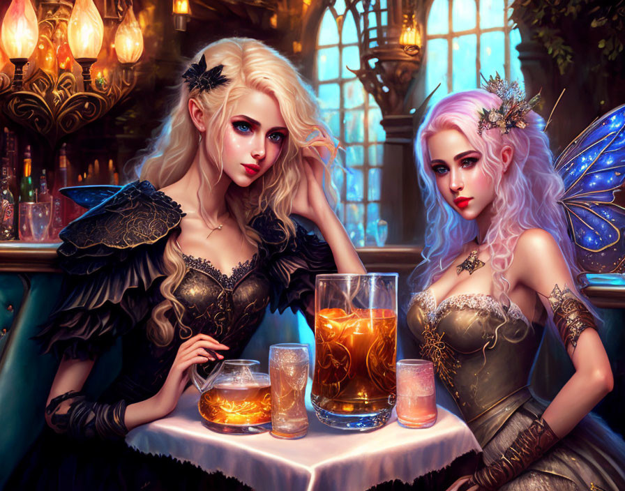 Fantasy-style female characters in elaborate attire at a magical bar.