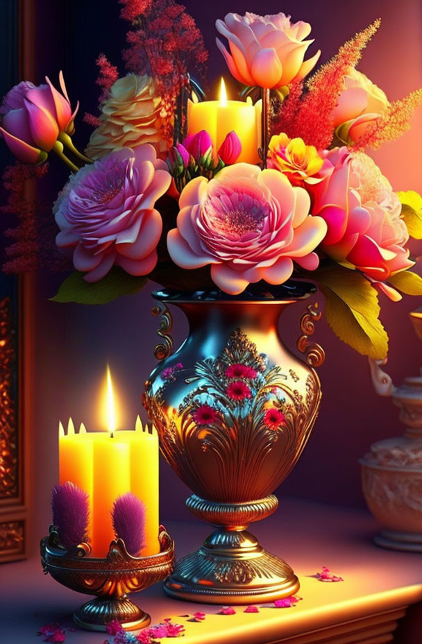 Colorful Still Life with Candles, Flowers, and Vase