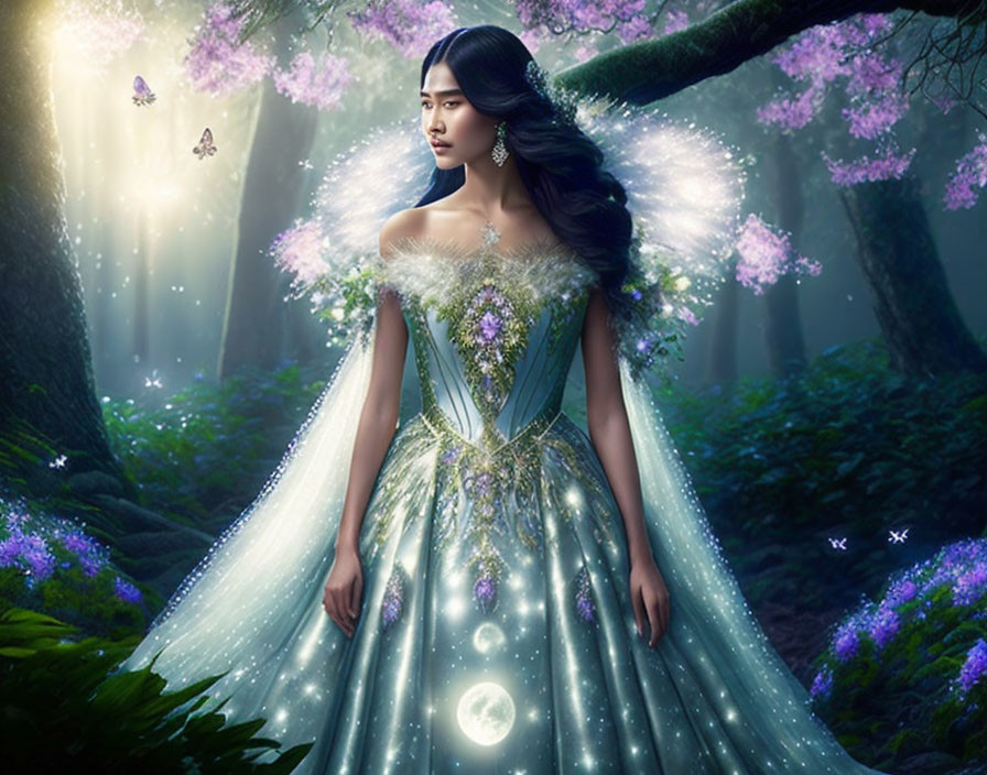 Elaborate woman in sparkling dress in mystical forest with pink blossoms and butterflies