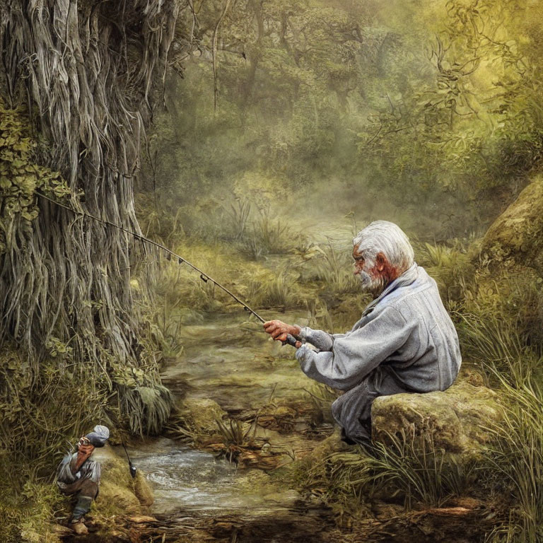 Elderly man fishing in tranquil stream surrounded by lush greenery