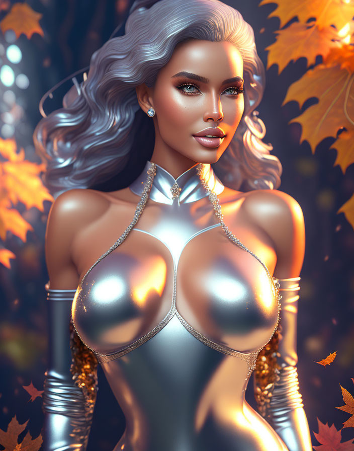 Silver-haired woman in metallic bodysuit against autumn leaf backdrop