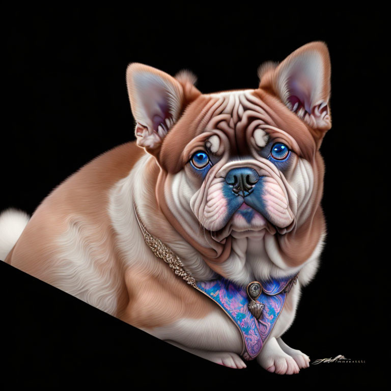 Bulldog with Blue Eyes and Golden Chain on Colorful Bandana