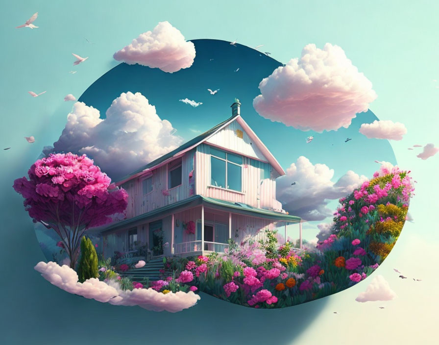 Circular whimsical landscape with charming house, oversized flowers, and floating clouds on teal sky.