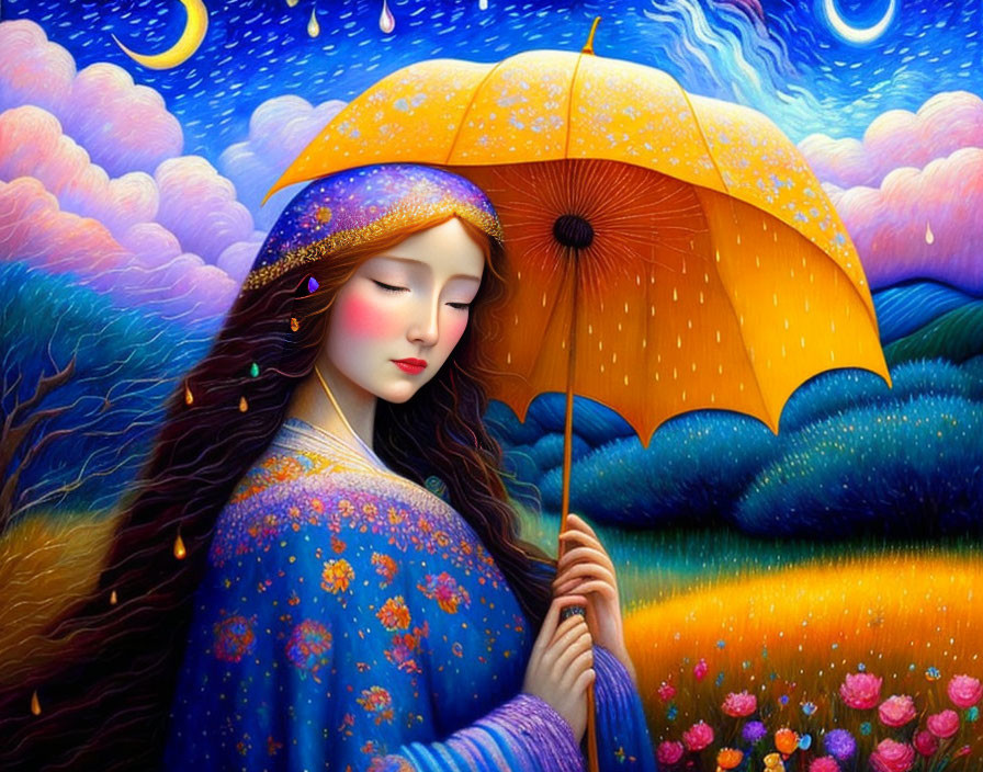 Woman with long hair holding yellow umbrella in vibrant, whimsical scenery