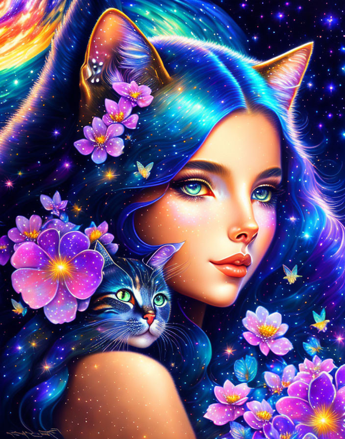 Colorful digital artwork: Woman with cat ears, blue hair, flowers, and cosmic cat.