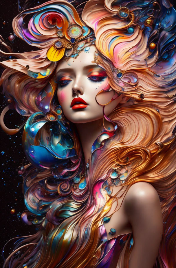 Vibrant surreal portrait of a woman with flowing hair and iridescent bubbles