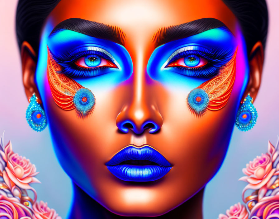 Colorful digital artwork of a woman with blue and orange hues, eye makeup, peacock feathers,