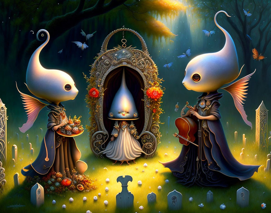 Surreal fantasy art: humanoid figures with elongated heads, holding flowers and a violin, in