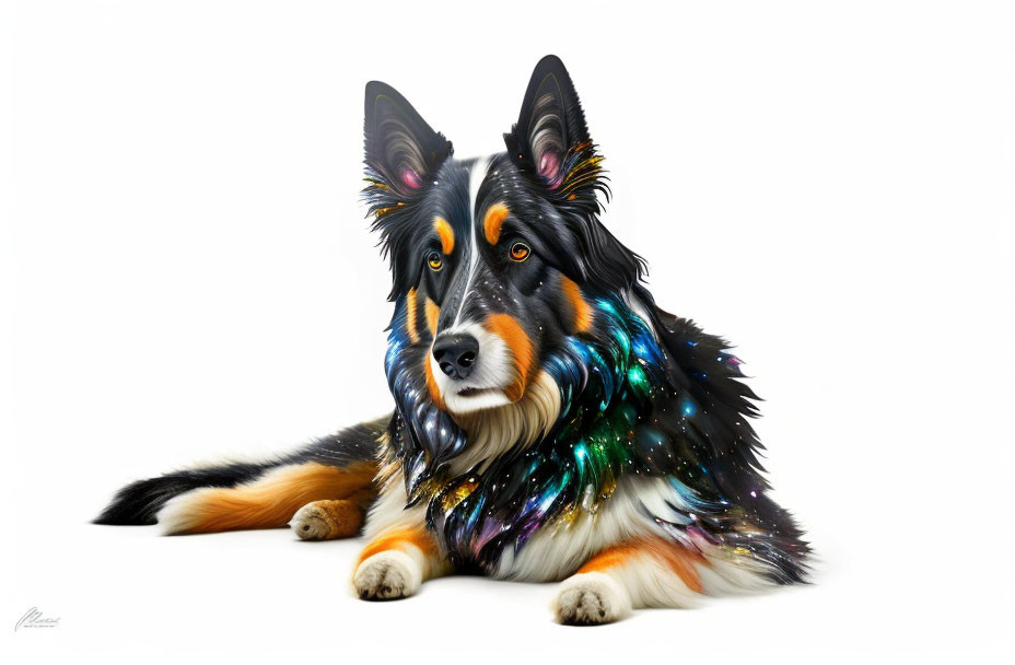 Border Collie with galaxy-themed coloring on white background