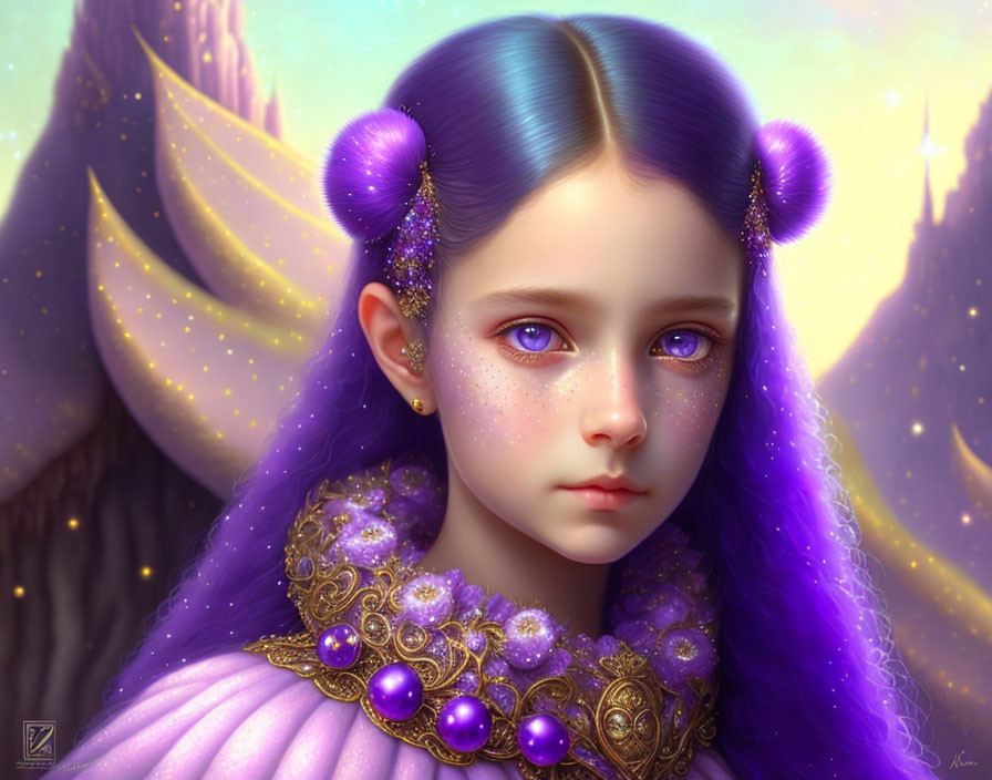 Fantasy girl with blue hair and purple eyes in vivid attire in magical landscape