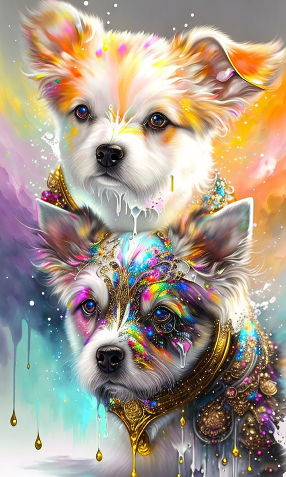 Colorful Stylized Dogs with Decorative Details on Abstract Background