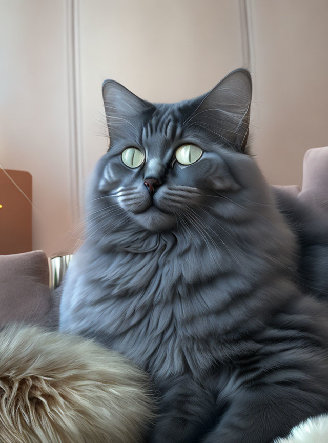 Gray Cat with Green Eyes Resting on Couch