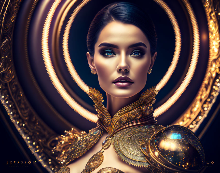 Digital Artwork: Woman with Striking Makeup and Golden Jewelry Holding Reflective Orb