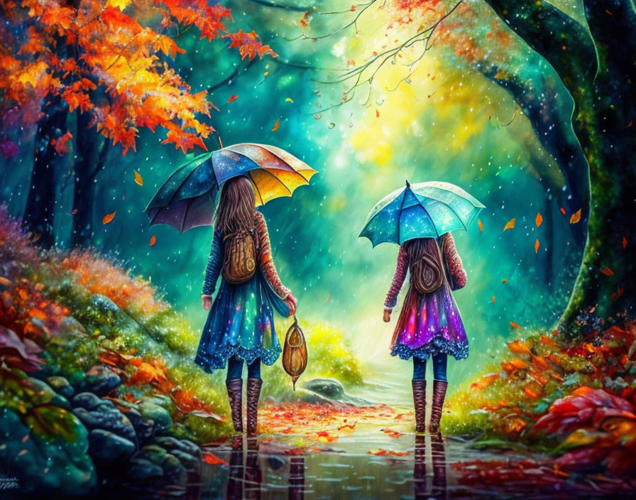 Enchanted autumn forest with individuals holding umbrellas