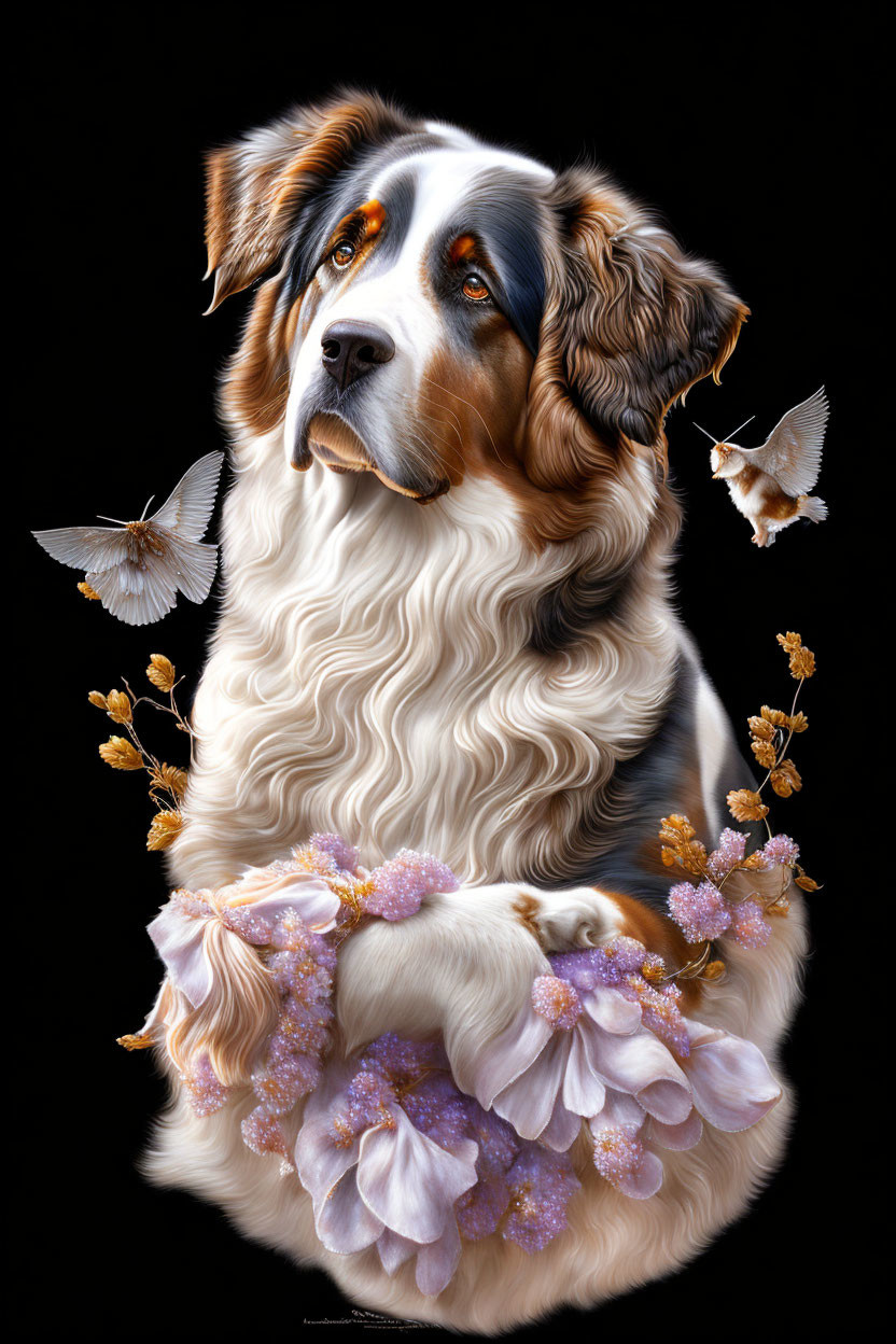 Tricolored dog portrait with wavy fur, floral necklace, butterflies on black.