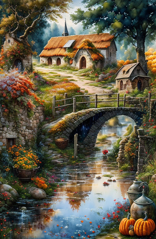 Scenic village painting with stone cottages, bridge, flowers, pumpkins, and water.