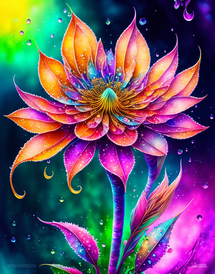 Colorful digital artwork of a neon flower with bubbles and feathers on vibrant backdrop