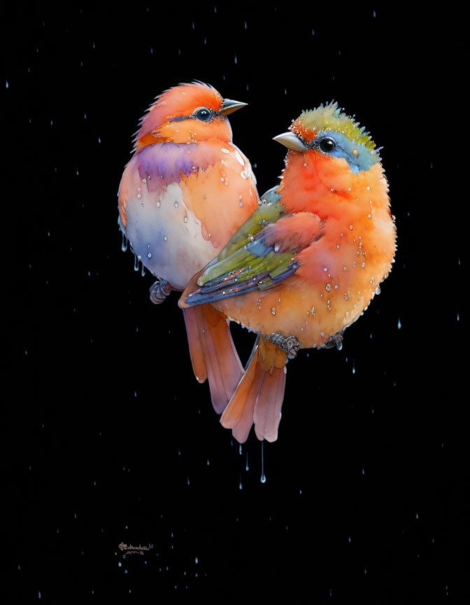 Colorful Stylized Birds Perched in Snowfall