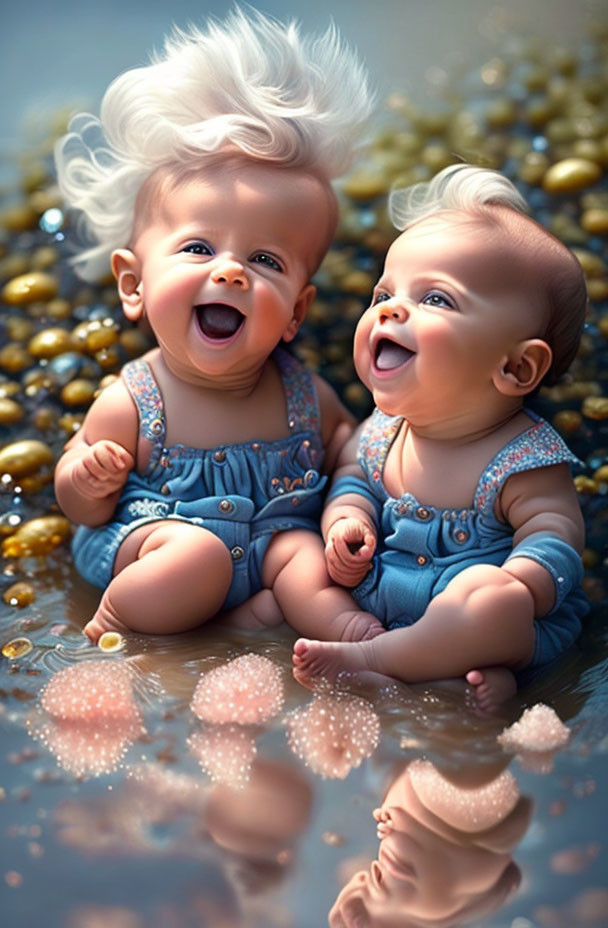 Animated Babies Laughing in Shallow Water with Pebbles and Bubbles