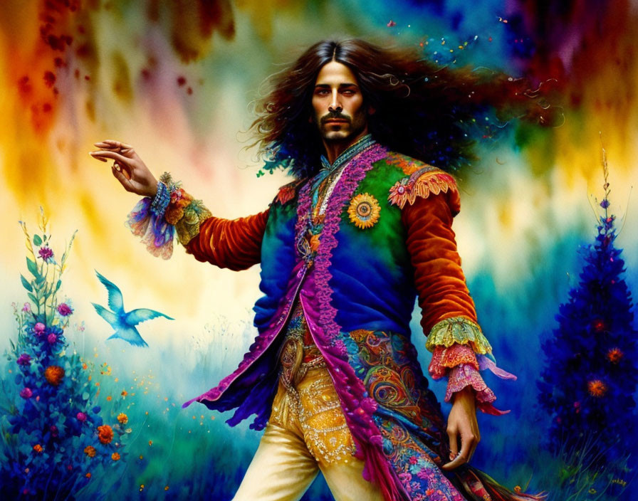 Colorful painting of a man with flowing hair and birds in vibrant, psychedelic setting