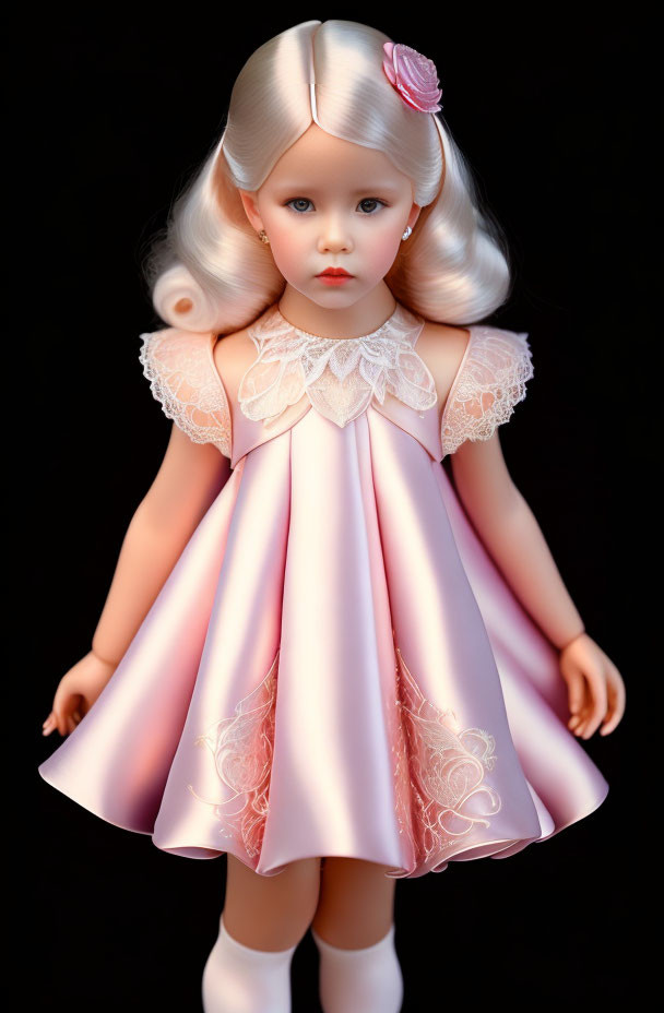 Blond Hair Porcelain Doll in Pink Dress with Rose