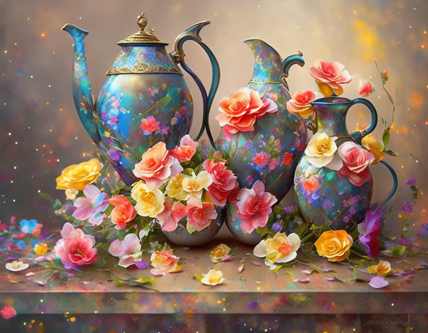 Ornate teal teapots and vases with floral patterns amid colorful roses