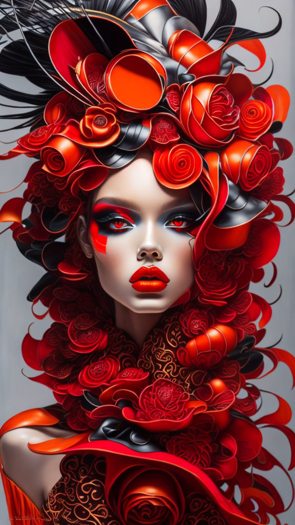 Stylized portrait of woman with red and black hair, roses, spirals, red eye makeup