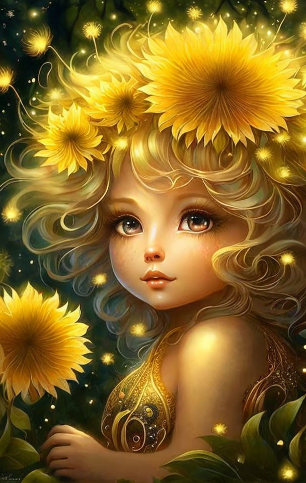 Whimsical illustration of a girl with golden flowers and sparkling lights