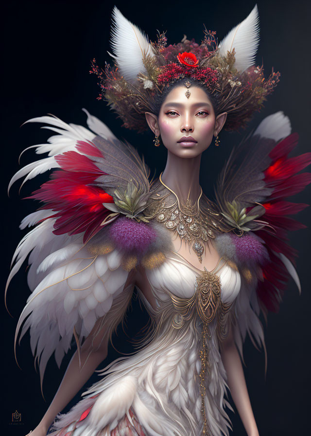 Fantasy female character with gold jewelry, floral crown, wings, and red accents