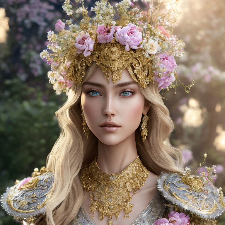 Portrait of Woman with Striking Blue Eyes and Golden Floral Crown