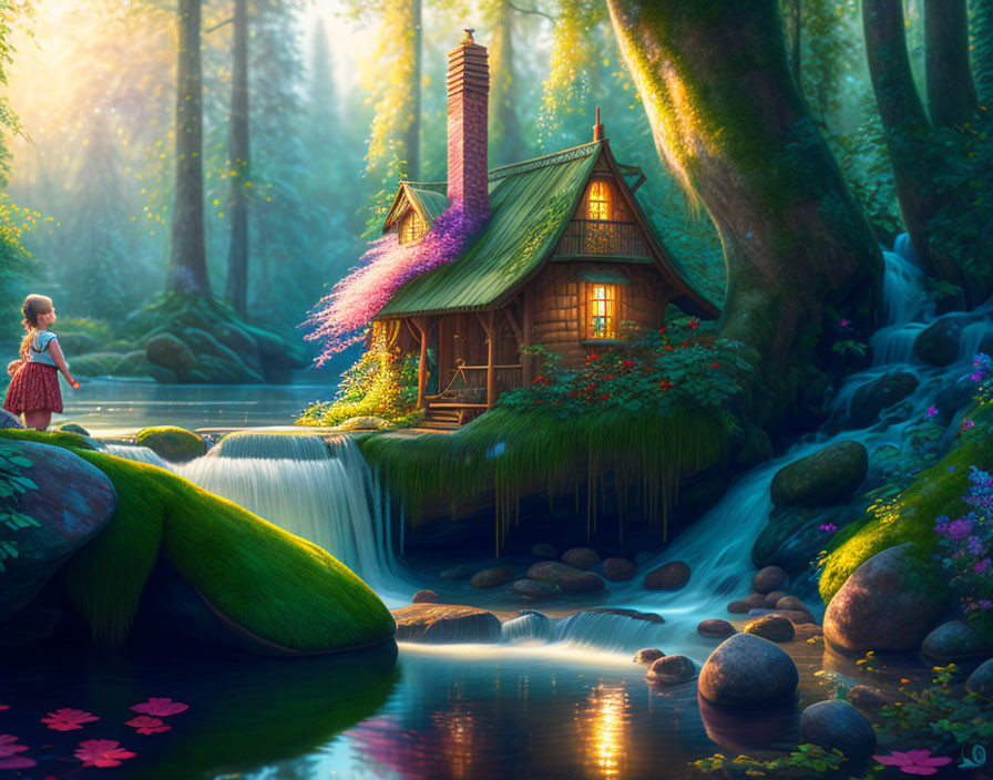 Tranquil forest stream with cottage and child