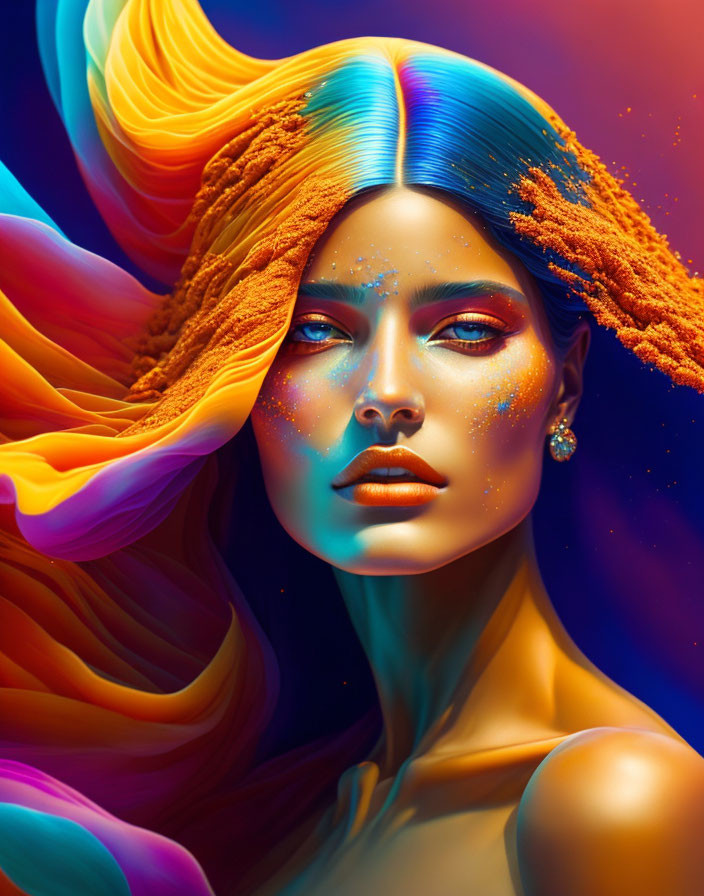 Colorful portrait of woman with multicolored hair and blue eyes on iridescent backdrop