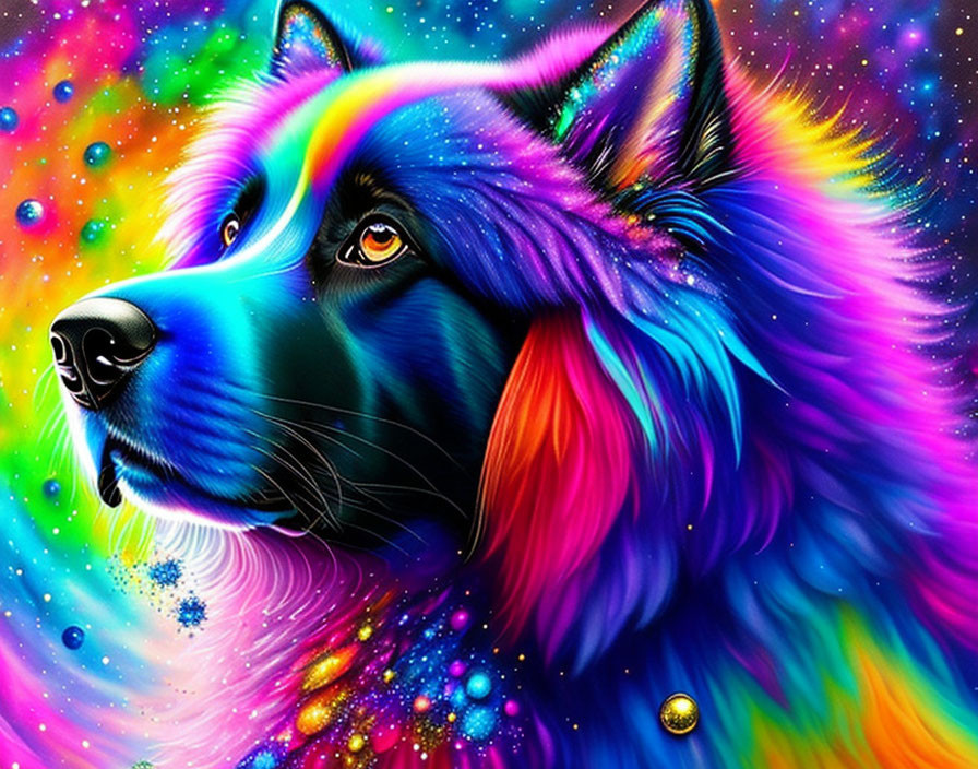 Colorful digital illustration: Dog with multicolored coat in space-themed background