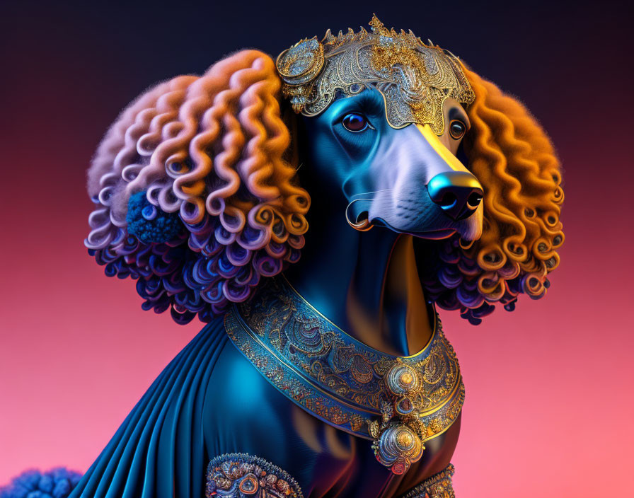 Stylized 3D poodle illustration with gold accessories on pink-blue gradient.